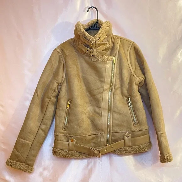 TAUPE BROWN FAUX FUR SUEDE MOTO JACKET BIKER COAT - Picture 6 of 14